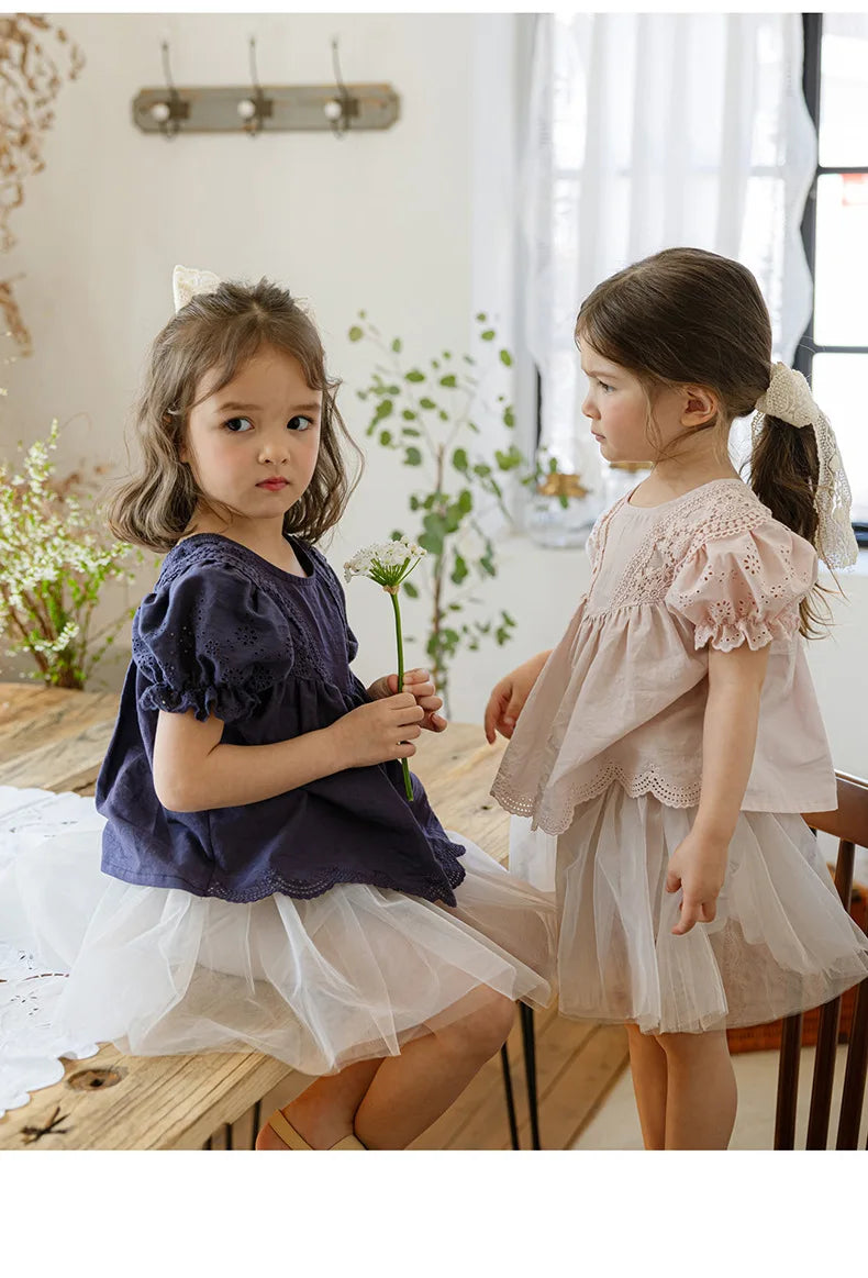 Blouses Summer Korea Girls Children Clothing Sweet Lovely Cotton Puff Sleeve Short Sleeved Shirt 2024 Simple Fashion