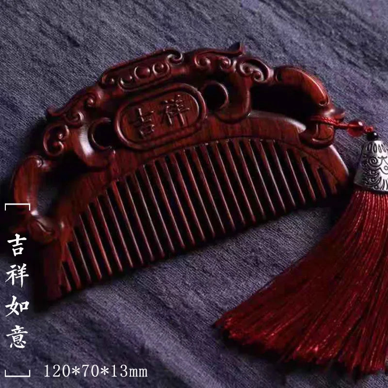 Natural Rhinoceros Horn Small Leaf Red Sandalwood Carved Wood Comb Retro Style Massage Comb Gifts with comb