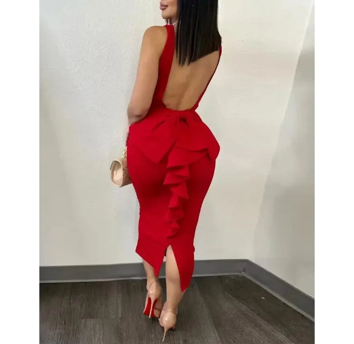 Evening Dresses for Women 2024 Sexy Woman Clothing Backless Deep V Bow Elastic Split Fashion Elegant Hip Wrap Midi Bodycon Dress