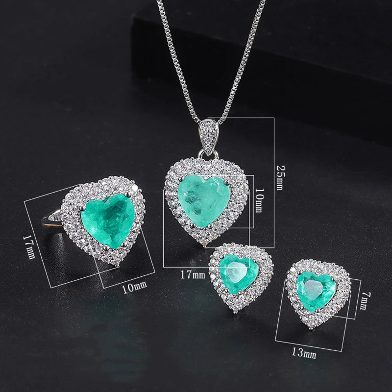 KIMLUD, Luxury 925 Sterling Silver Paraiba Heart Necklace Earrings Ring for Women Girl Wedding Dinner Party Jewelry Set Anniversary Gift, KIMLUD Womens Clothes