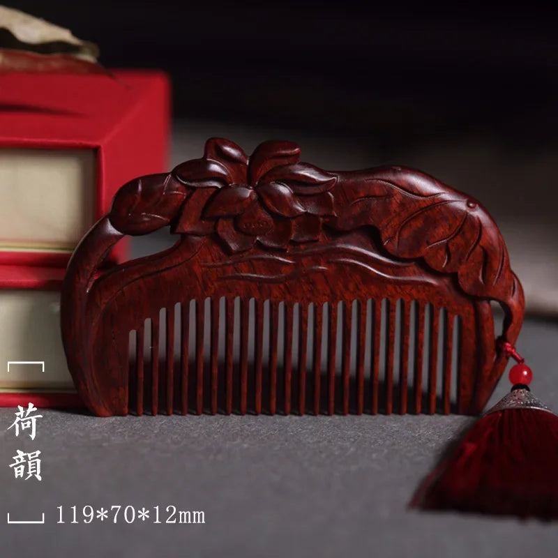 Natural Rhinoceros Horn Small Leaf Red Sandalwood Carved Wood Comb Retro Style Massage Comb Gifts with comb