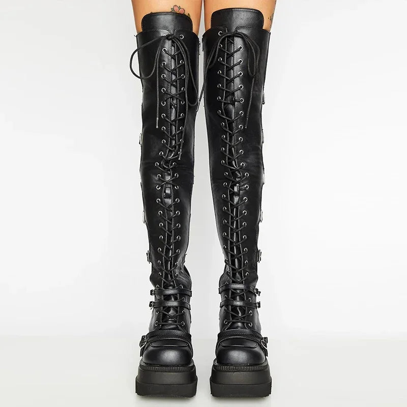 Punk Over-the-knee Boots Women Platform Heels Belt Buckle  Boot Motorcycle Goth Shoe Thigh High Flat Boots Plus Size 42 43