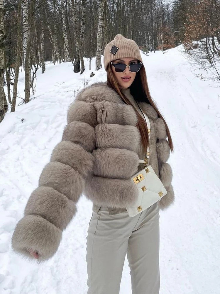 Faux Fur Short Coat Women Cropped Long Sleeve Artificial Fox Fur Jacket Women Winter Fluffy Top Thick Warm Furry Fur Outwears