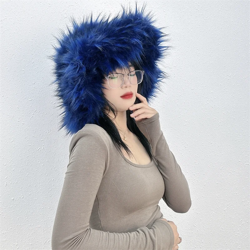 Winter Women Faux Fur Bucket Hat Warm Raccoon Fur Hat Oversize Outdoor Punk Hat Girl Fashion Long Fur Bucket Hat Furry Cute Cap