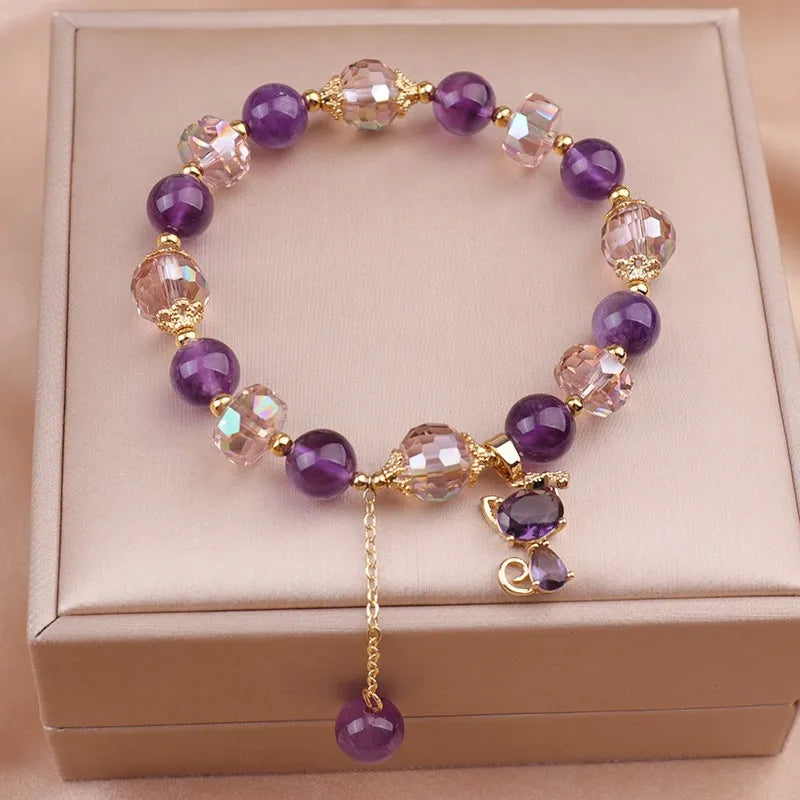 Natural Amethyst Bracelet  Women's Light Luxury Wishing Lucky Cat Beaded Pendant Hand Chain Best Friend Bangles Jewelry Gift