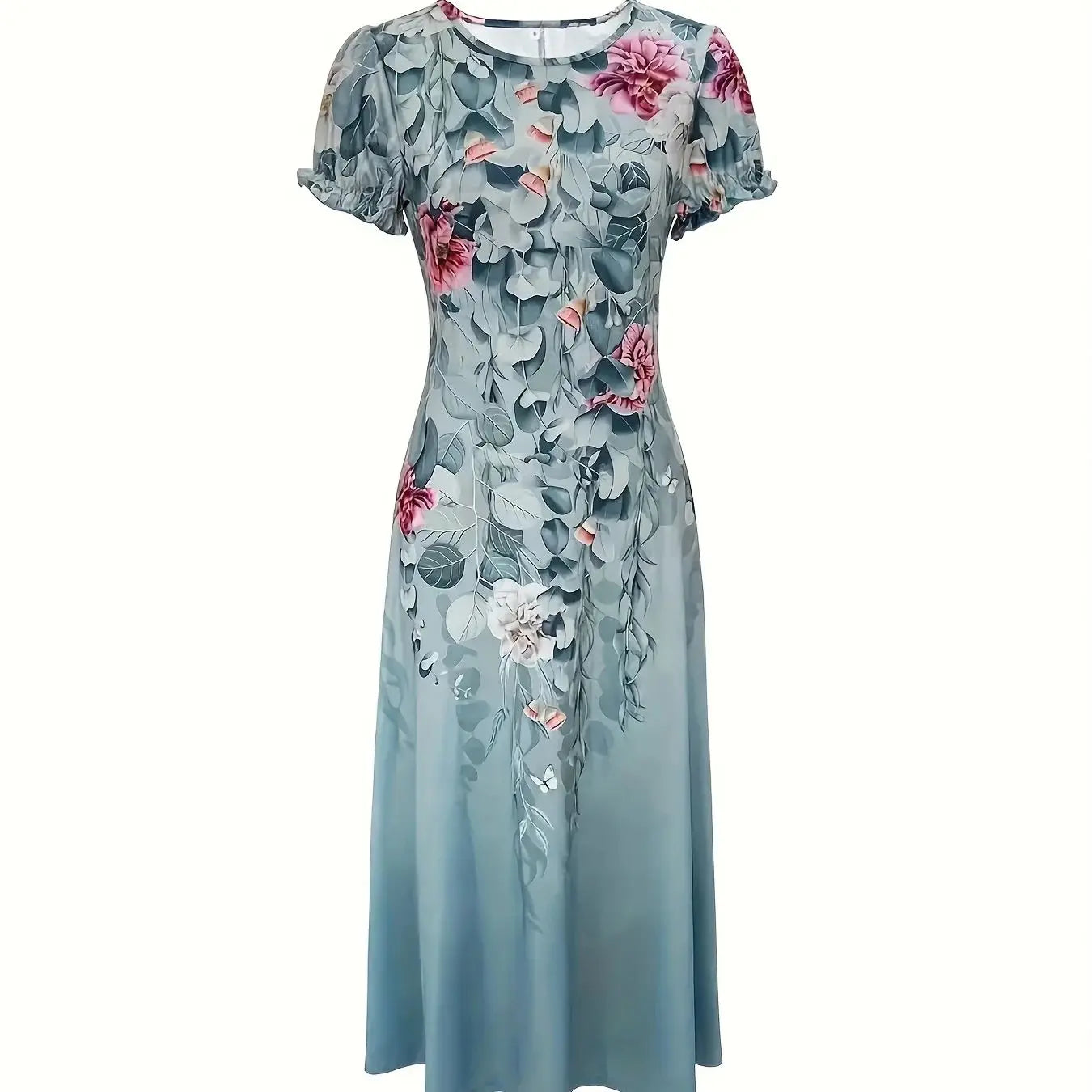 Green printed round neck long dress elegant short sleeved dress for spring and summer comfortable fit women's clothing