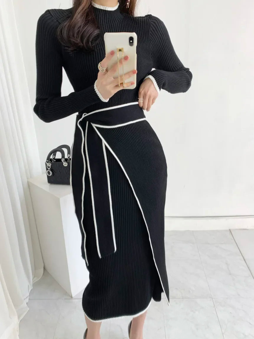 New Retro Knitted Bodycon Dress Women Korean Fashion Autumn Winter Half High Collar Lace Up Elegant Sweater Dresses Vestidos