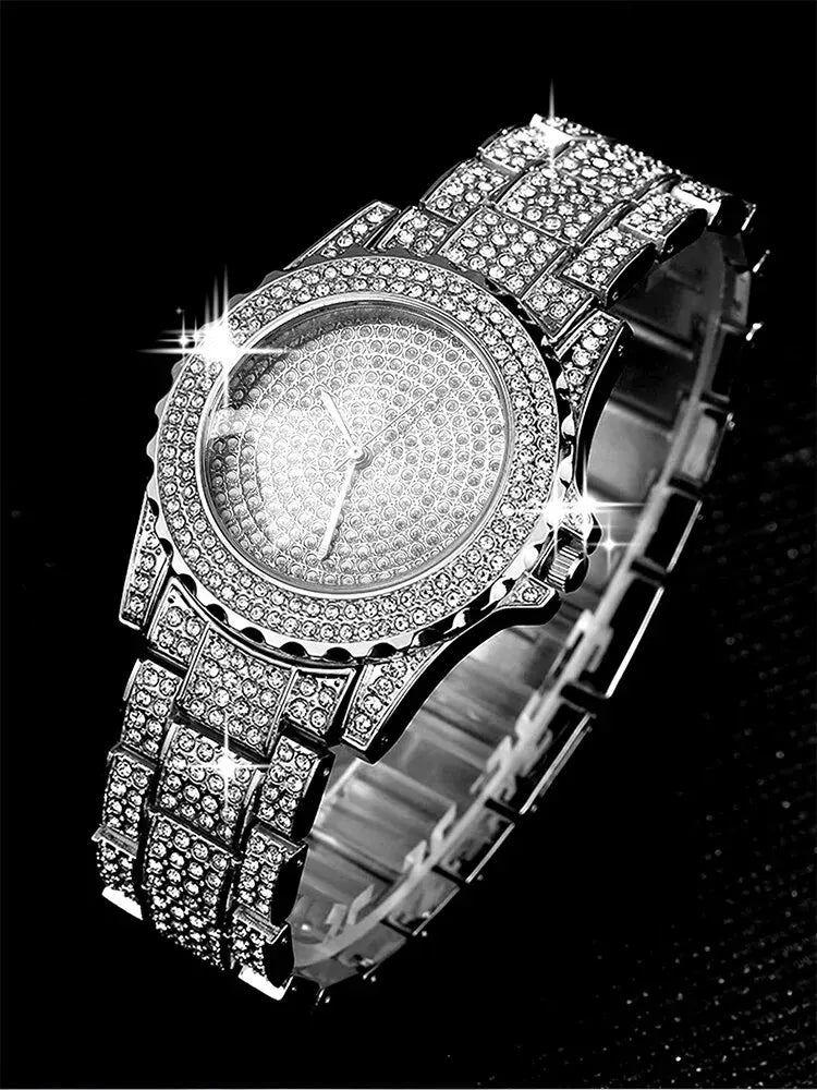 2pcs Stylish Shiny Full Diamond MEN'S Large Dial Steel Band Quartz Watch with Diamond Inlaid Chain Bracelet Set