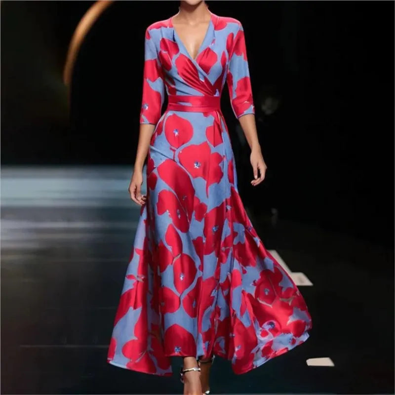 Fashion Boho Maxi Dress Women Sexy Spring V Neck Vintage Printed Swing Elegant Fashion Half Sleeved Waist Cinching Party Dresses