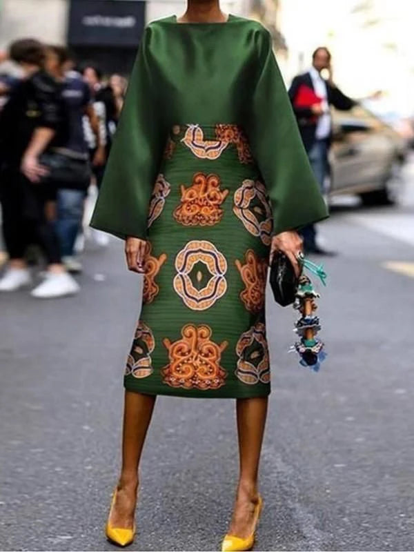 Krismile Women Spring Printed Midi Dresses 2024 Fashion Long Sleeves Round-Neck Midi Dresses Vintage Green Dresses