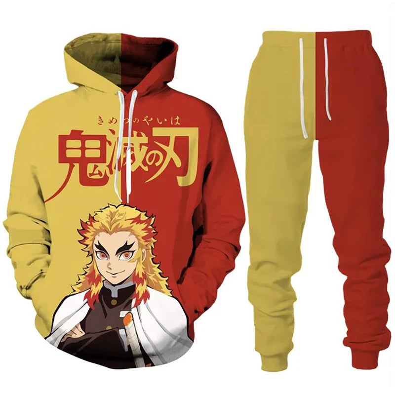 Anime Demon Slayer Hoodies 3D Printed Cosplay pants+Hoodie 2PCS Set Tracksuit Men Oversize Vintage Streetwear Hoodie Pants Sets