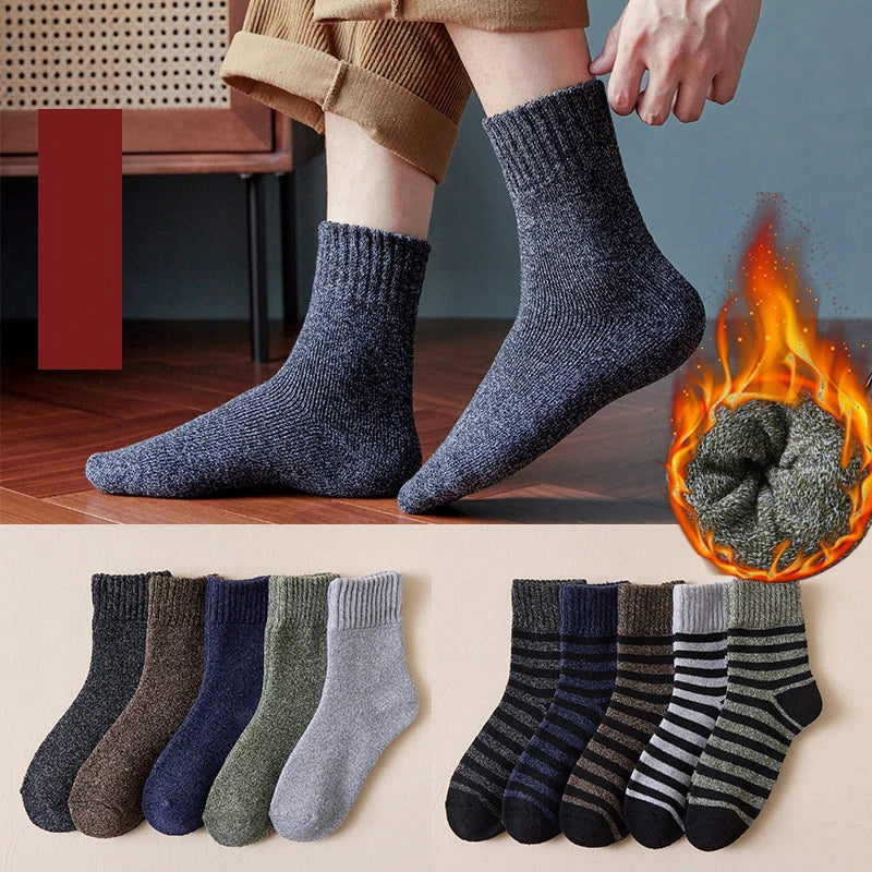 5pair Winter Thick Socks Men Super Thicker Solid Sock Striped Merino Wool Rabbit Socks Against Cold Snow Russia Winter Warm Sock - KIMLUD