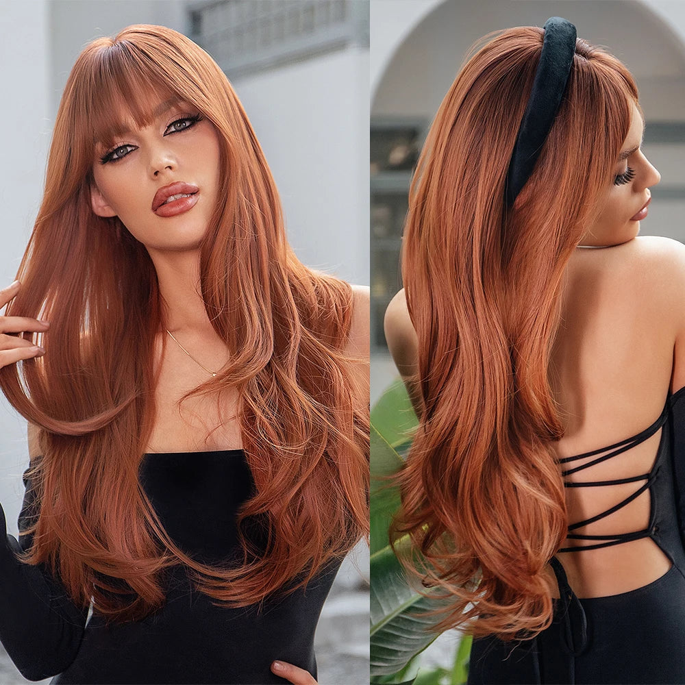 GEMMA Red Brown Copper Ginger Long Straight Synthetic Wigs for Women Natural Wave Wigs with Bangs Heat Resistant Cosplay Hair - KIMLUD