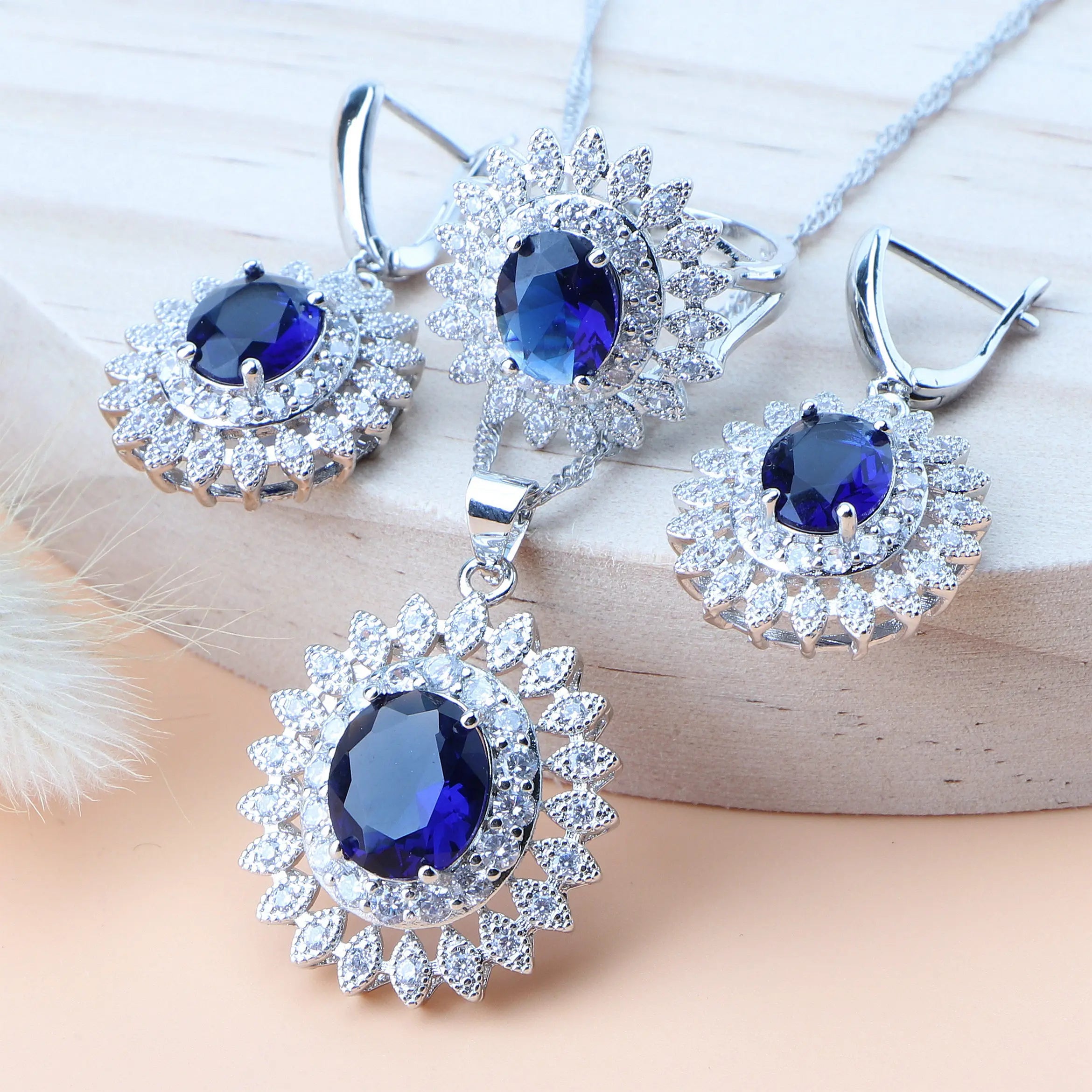 Natural Bridal Jewelry Sets Silver 925 Jewelry Ring Pendant Necklace Earrings Bracelets Wedding Blue Cubic Zircon Set For Women - KIMLUD