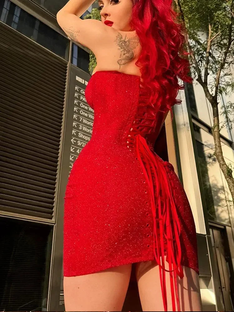 Women Sexy Glitter Back Lace Up Red Strapless Mini Dress Fashion Sleeveless Retract Waist A-line Dresses Lady Party Short Robes