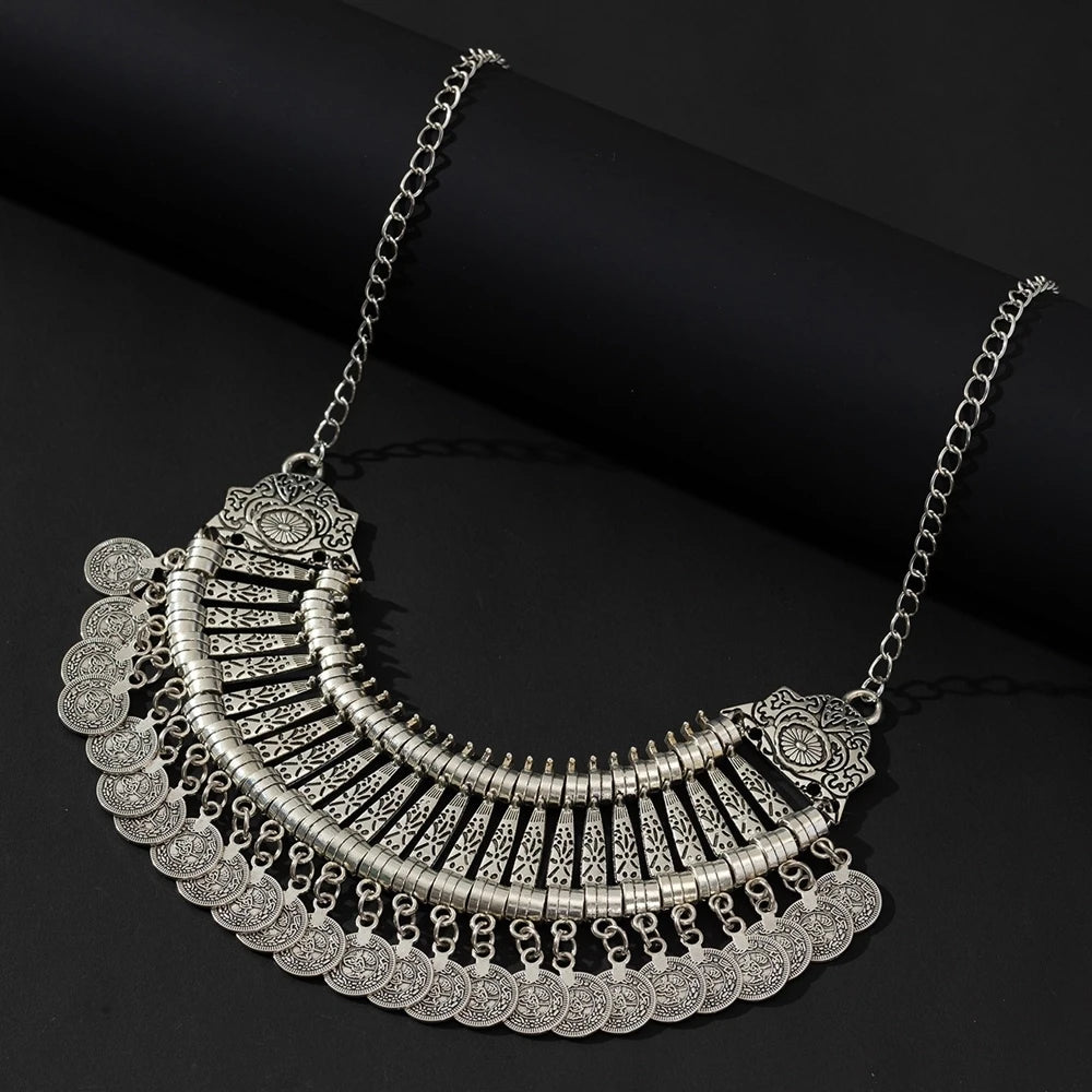 KIMLUD, Boho Ethnic Vintage Antique Metal Coin Tassel Statement Necklace For Women Trend 2024 Afghan Turkish Tribal Jewelry, Antique Silver Plated, KIMLUD APPAREL - Womens Clothes