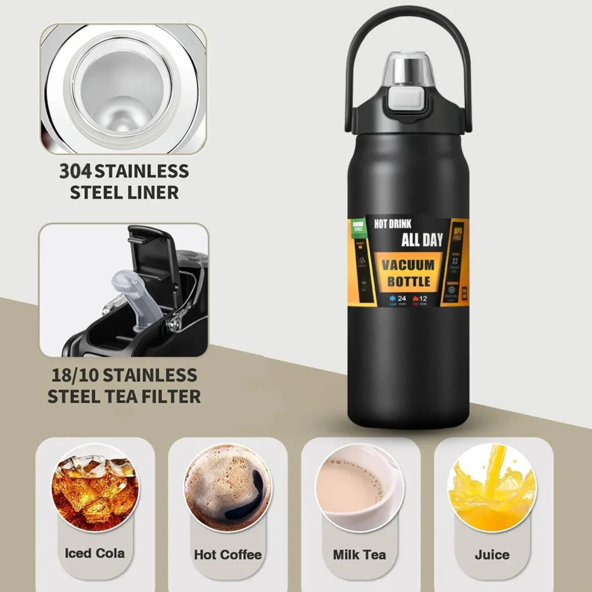 Portable Thermos with Straw Outdoor Sport 304 Stainless Steel Thermal Mug Tumbler Travel Outdoor Vacuum Flasks Hot Water Bottle