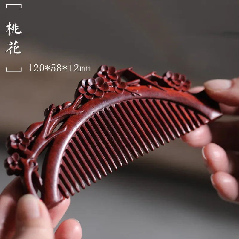 Natural Rhinoceros Horn Small Leaf Red Sandalwood Carved Wood Comb Retro Style Massage Comb Gifts with comb