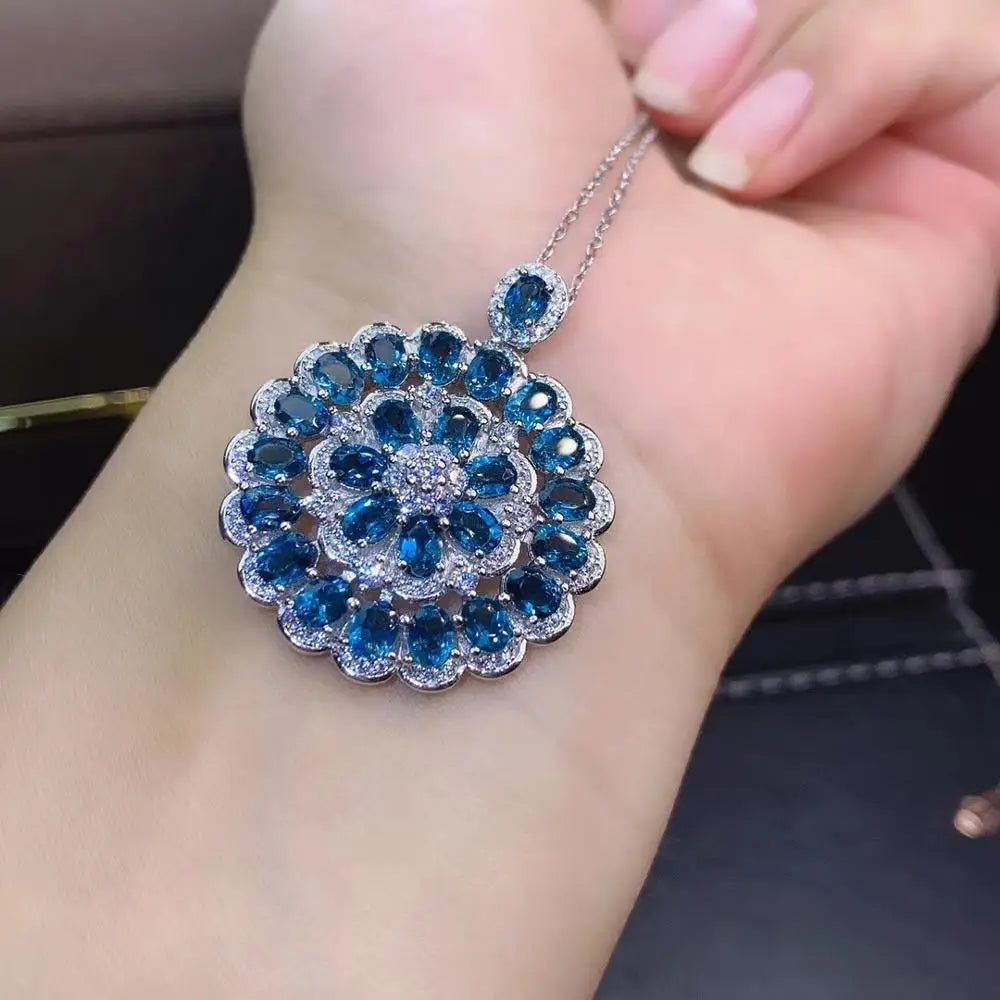 Natural London Blue Pendant With Chain Genuine S925 Sterling Silver Necklace Woman Fashion Jewelry Topaz Jewelry Bridal Pendant