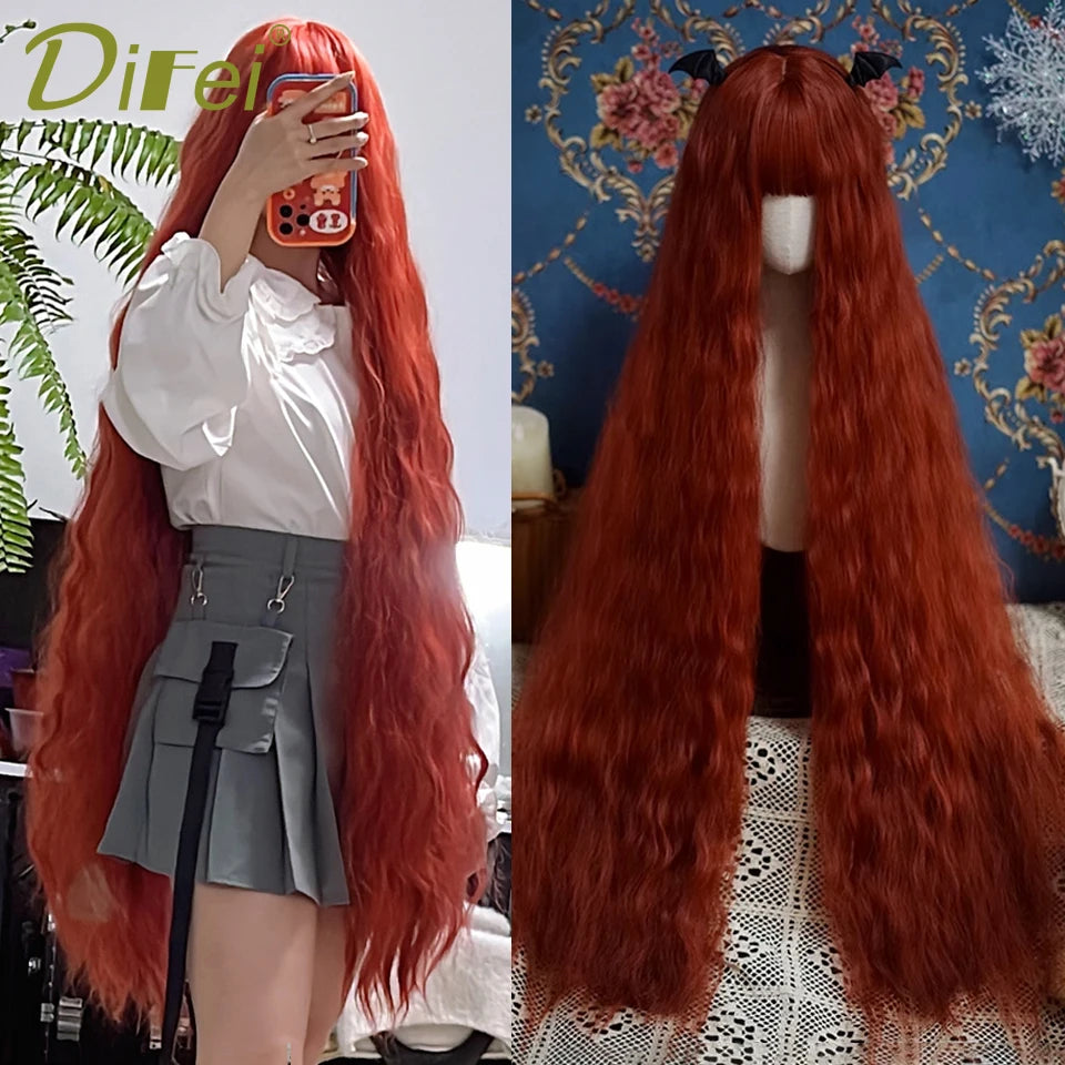 KIMLUD, 120cm Long Wavy Hair Synthetic Wigs Female Red Brown Coaplay Lolita Wig With Bangs Natural Hair Wigs Women Heat Fesistant  Fiber, KIMLUD Womens Clothes