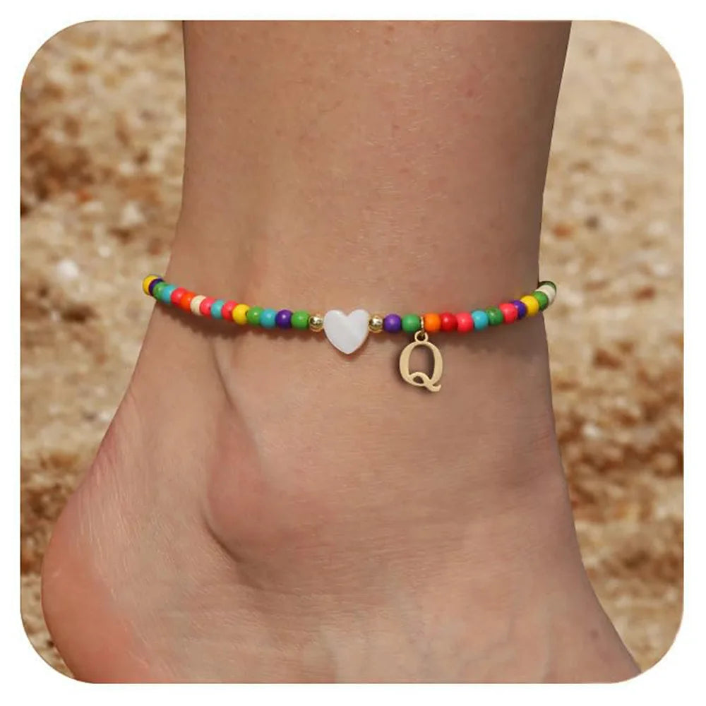 KIMLUD, Rainbow Round Beads Anklet Stainless Steel Love Heart 26 Letters A-Z Pendant Anklets For Women Boho Gold Color Ankle Bracelet, Q, KIMLUD APPAREL - Womens Clothes