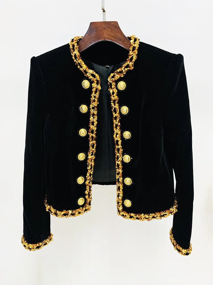 Black Velvet Jacket Women 2024 New Designer Beaded Sequins Chain Velvet Short Cardigan Coat New in Outerwears Jackets Blazer