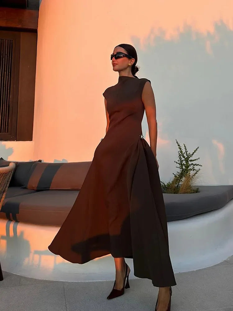 2024 Chic Solid Slanted Collar Pleated A-line Maxi Dress Women's Elegant Sleeveless High Waist Slim Dresses Female Evening Robes