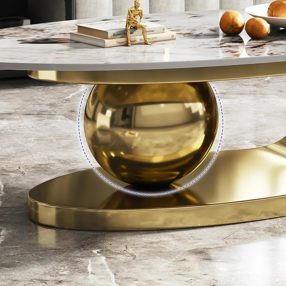 Modern Oval Stone Coffee Table with Abstract Gold Metal Base - Perfect Centerpiece for Stylish Living Rooms Coffee Tables