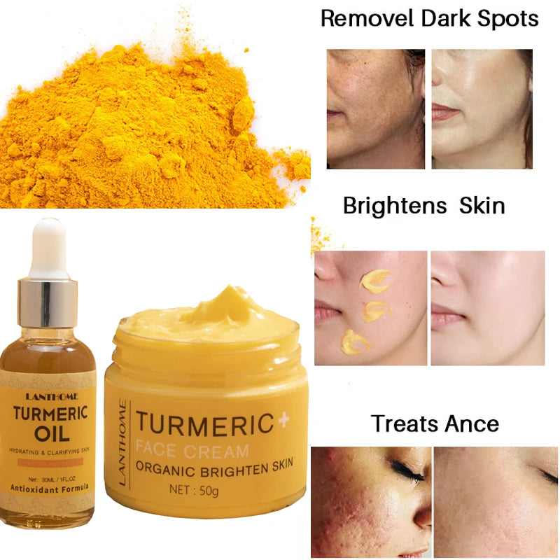 Turmeric Skin Care Set Shrink Pores Moisturizing Whitening Facial Oils Nourish Smooth Face Acne Brightening Cream For Age Spots - KIMLUD