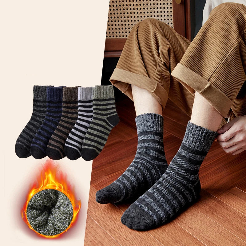 5pair Winter Thick Socks Men Super Thicker Solid Sock Striped Merino Wool Rabbit Socks Against Cold Snow Russia Winter Warm Sock - KIMLUD