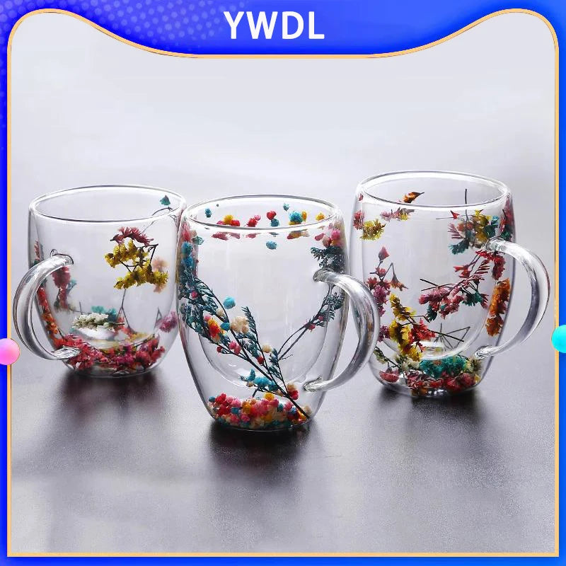 KIMLUD, YWDL 1/2pcs Double Wall Glass Cup With Handle Heat Resistant Tea Coffee Cups Espresso Milk Mug Gift, KIMLUD Womens Clothes