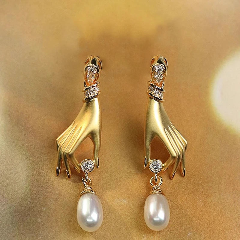 Huitan Novel Design Hand with Imitation Pearl Dangle Earrings for Women Hot Trendy Female Accessory Daily Wear Statement Jewelry