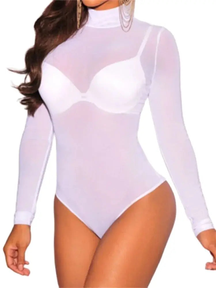 Women Mesh Bodysuits Summer Fall Long Sleeve Mock Neck Bodycon Body Top See Through Vintage Sexy Clubwear