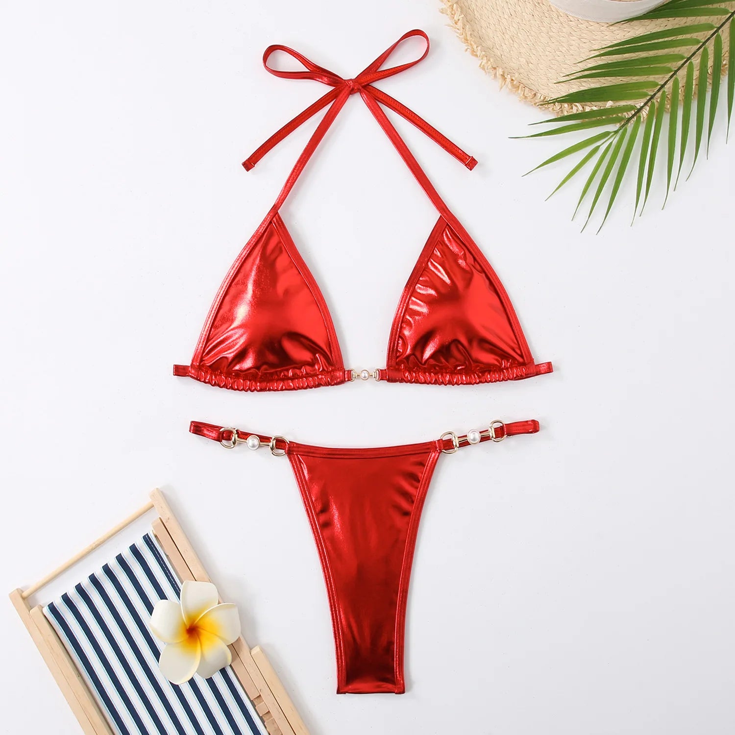 Sexy Micro Bikini 2024 Women Swimwear Metallic Halter Triangle Bikinis Sets Thong Swimsuit Female Bathing Suit Brazilian Biquini