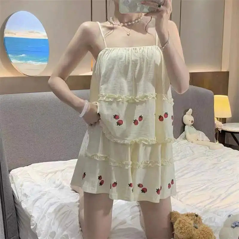 Pajama Sets Women Summer Thin Sweet Cute Strawberry-print Fungus Edge Sleeveless Kawaii Student All-match Leisure Elegant Tender - KIMLUD