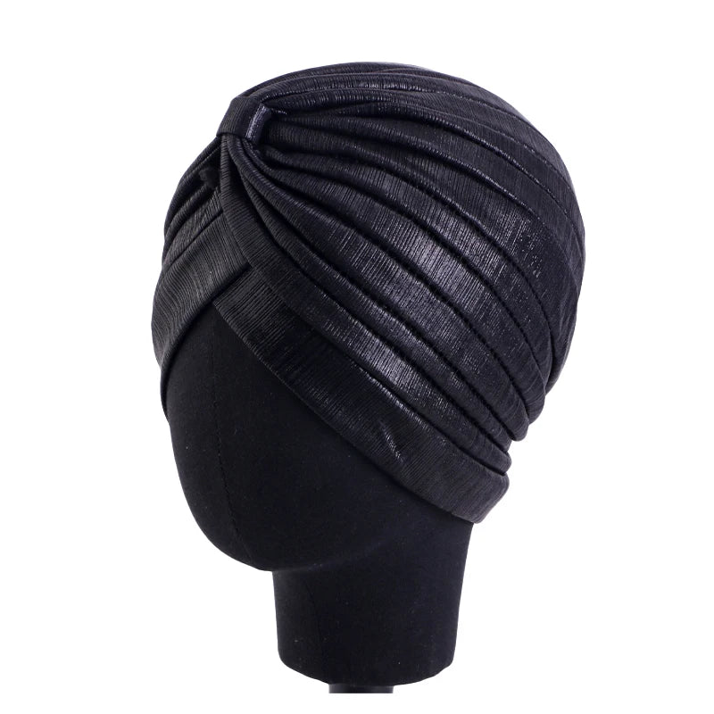 New Women's Metallic Pleated Knot Turban Hat Retro Ethnic Hat Elastic Head Wrap Shiny Beanies Head Scarf Bonnet Chemo Cap