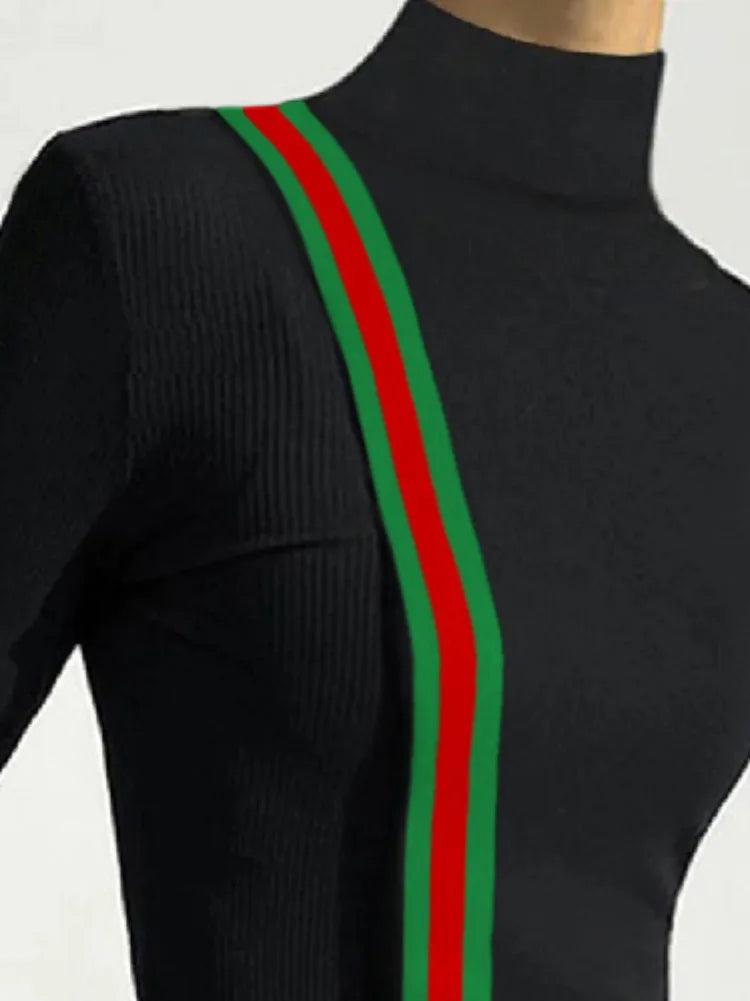 Female Clothing Skinny T-Shirts Fashion Striped Slit High Neck Contrast Color Spring Autumn Black Women's Base Layer - KIMLUD