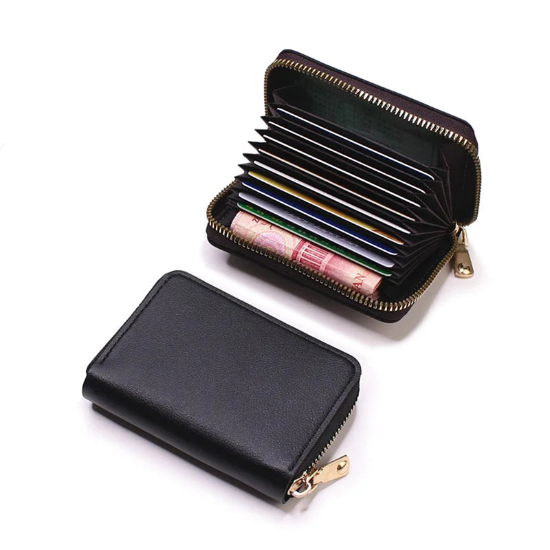 KIMLUD, Genuine Leather Men Women Card Holder Small Zipper Wallet Solid Coin Purse Accordion Design rfid ID Business Credit Card Bags, Black, KIMLUD APPAREL - Womens Clothes