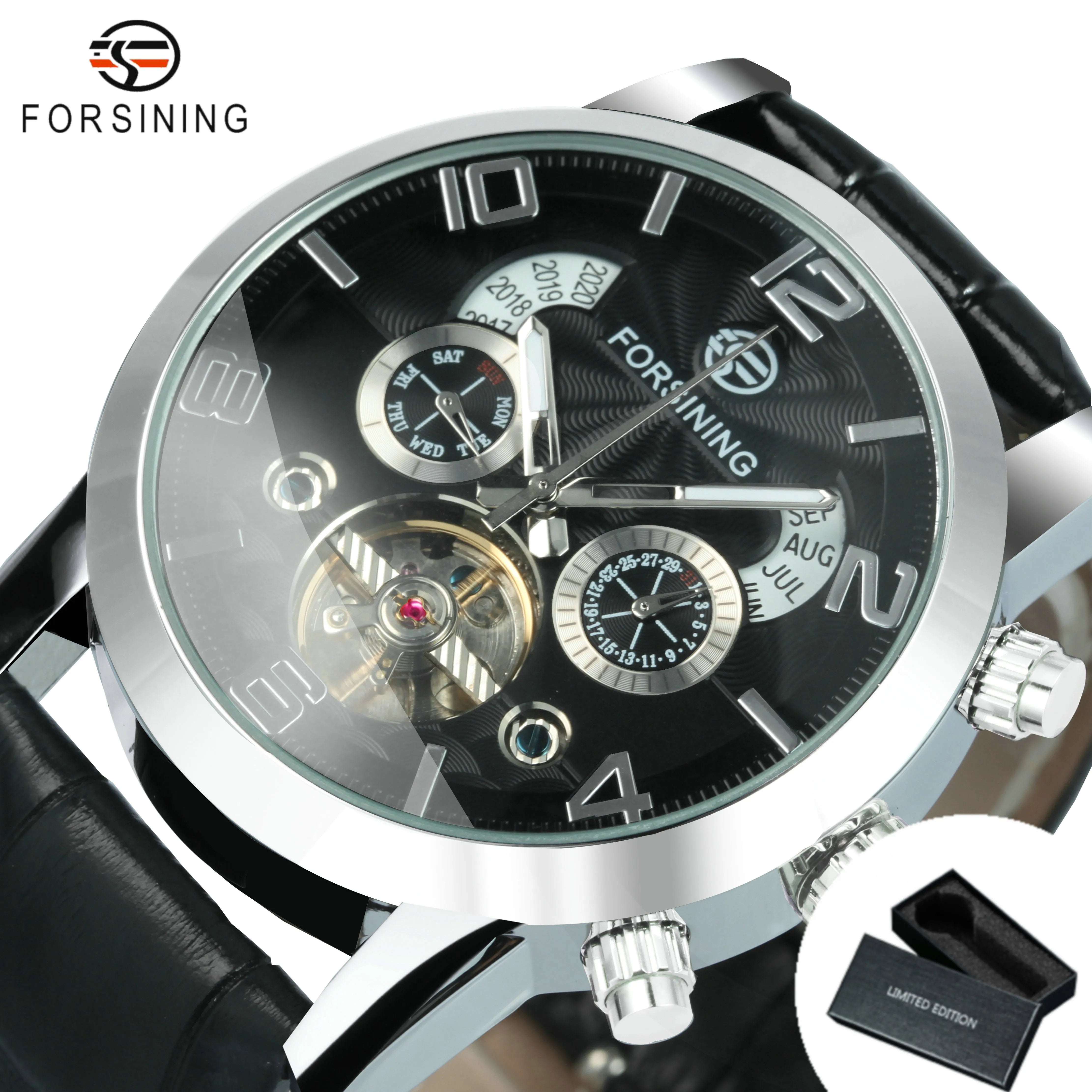 Forsining Classic Tourbillon Men Mechanical Wristwatches Top Brand Luxury Multifunction Automatic Watch Leather Strap Male Clock