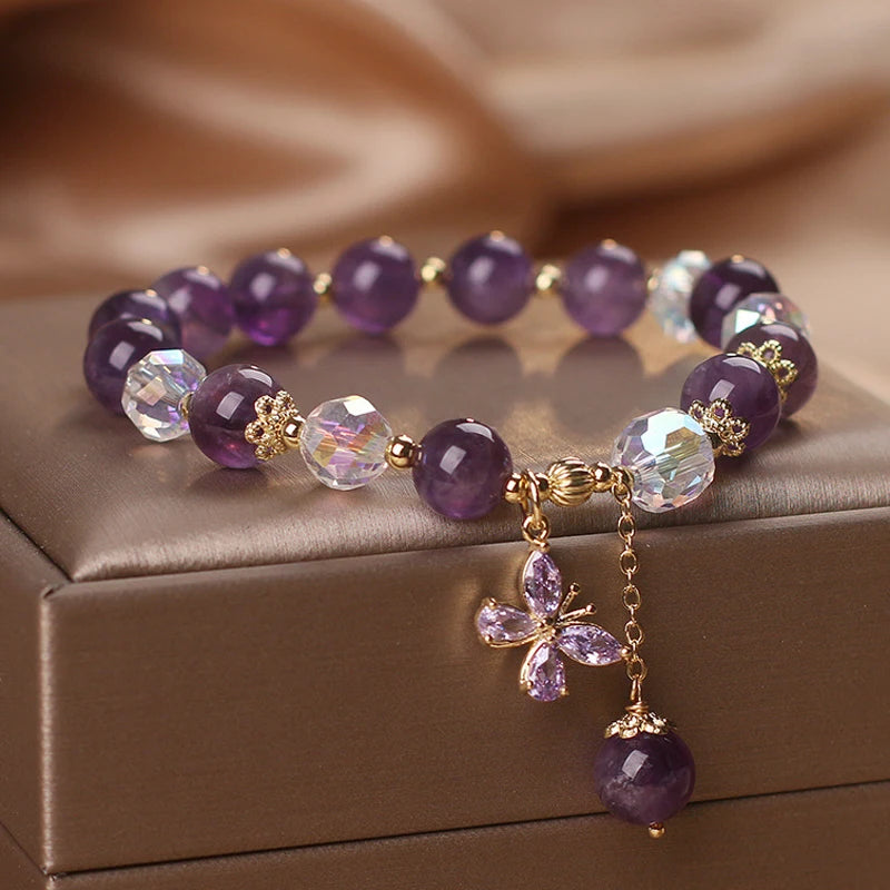 Natural Amethyst Bracelet  Women's Light Luxury Wishing Lucky Cat Beaded Pendant Hand Chain Best Friend Bangles Jewelry Gift