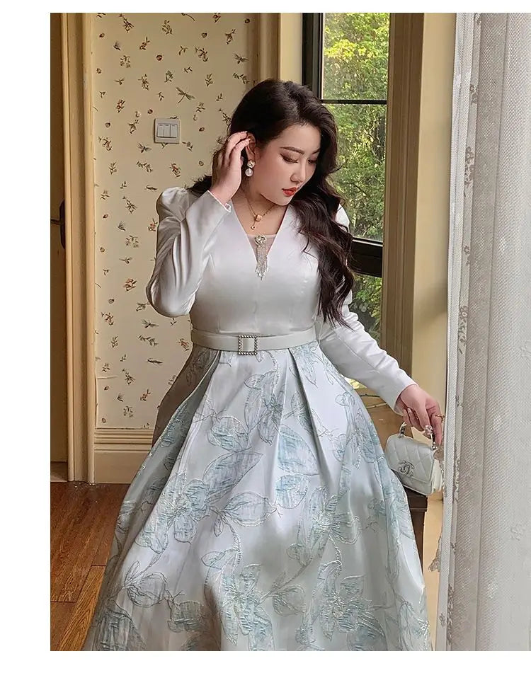 Luxury Big Size Jacquard Dress With Belt Occasion V-Neck Brocade Dress Women Long Sleeve Party Evening Clothing Ball Gown