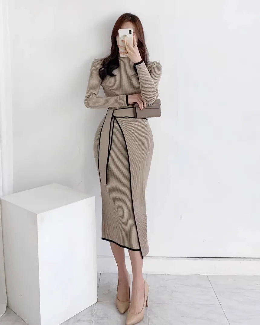 YuooMuoo Elegant Lace Up Turtleneck Knitted Long Dress Korean Fashion Khaki Black Rib Bandage Bodycon Sweater Dress Robe Femme - KIMLUD