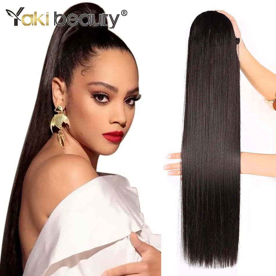 Synthetic Drawstring Ponytail Long Kinky Curly Ponytail Organic Chip-In Hair Extension P4/27 Clip In Pony-Tail By YAKIBEAUTY