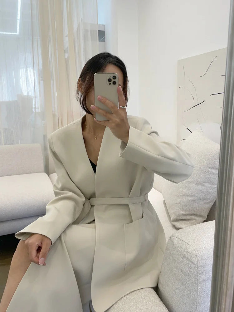 Autumn Winter Two Piece Set Women Long Sleeve V-neck Lace-up Suit Jacket Loose Blazer + High Waist Split Skirt 2 Piece Outfits