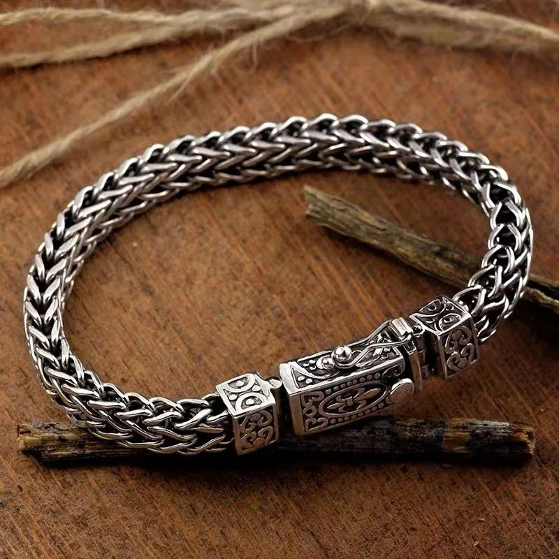 KIMLUD, New Silver Color Hand Woven Rope Twists Pattern Fashion Bracelets for Women Men Retro Couple Jewelry, 22cm / E183, KIMLUD APPAREL - Womens Clothes