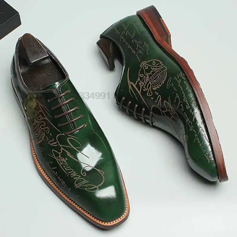 HNXC Size 46 Mens Oxford Shoe Carving Genuine Calf Leather Luxury Brand Lace Up Business Office Brogue Green Dress Shoe For Men