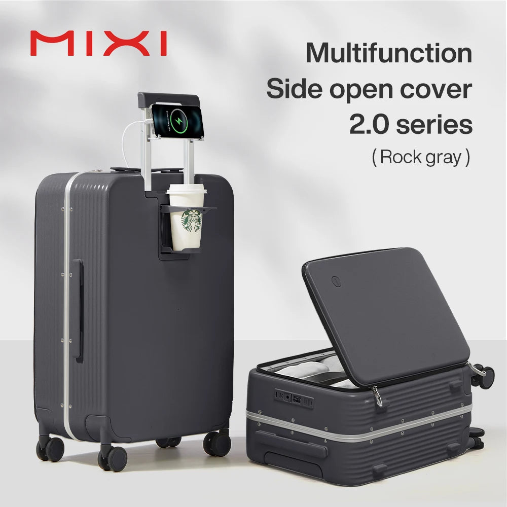 KIMLUD, Mixi New Aluminum Frame Suitcase Carry On Rolling Luggage with USB Port Boarding Cabin Cup and Phone Holder 20 24 Inch, Rock Gray / 20Inches 500mm, KIMLUD APPAREL - Womens Clothes