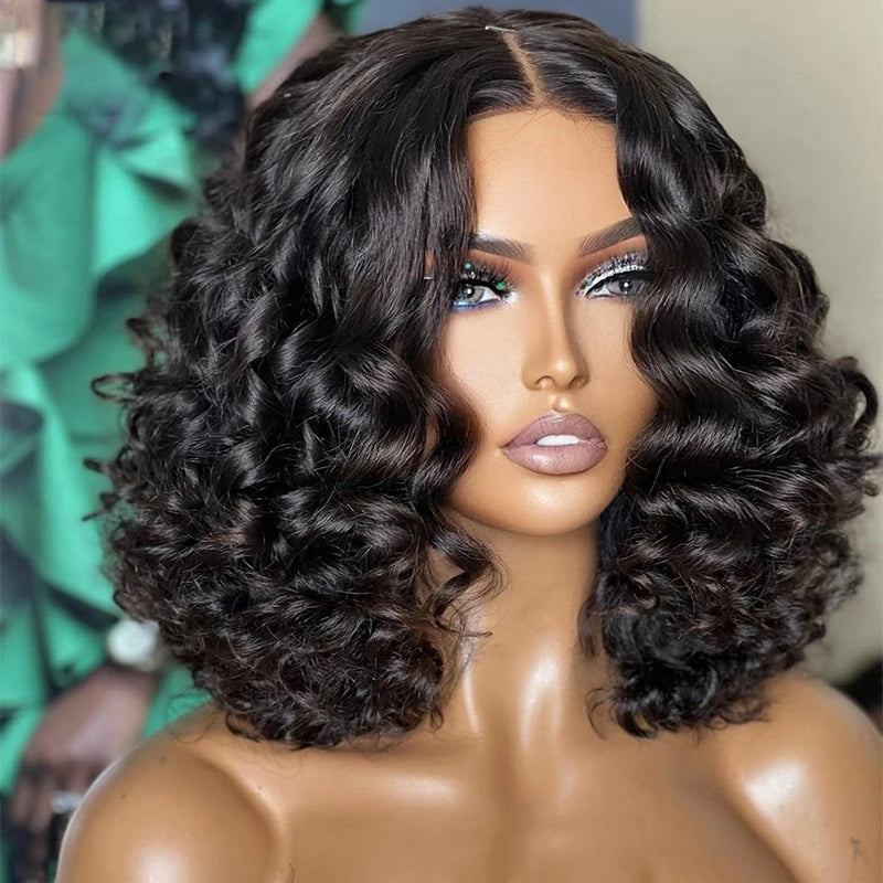 Short Bob Soft 180Density Deep Wave Curly Natural Black Color Lace Front Wig For Women With Baby Hair Glueless Preplucked Daily