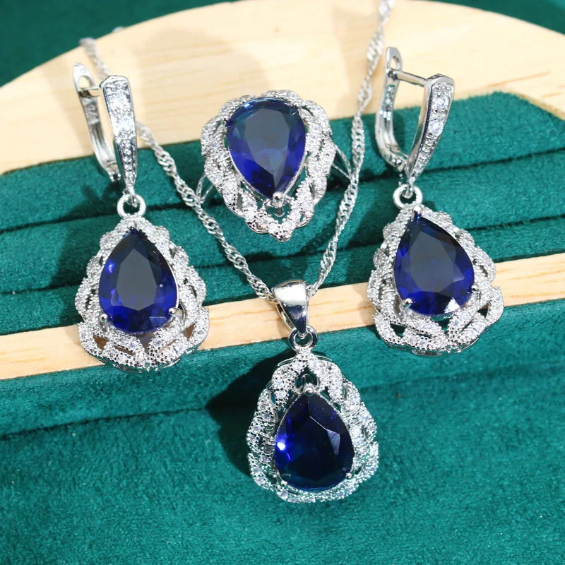 Classics Green Zircon 925 Silver Jewelry Sets for Women Wedding Bracelet Earrings Necklace Pendant Ring Dating Gifts