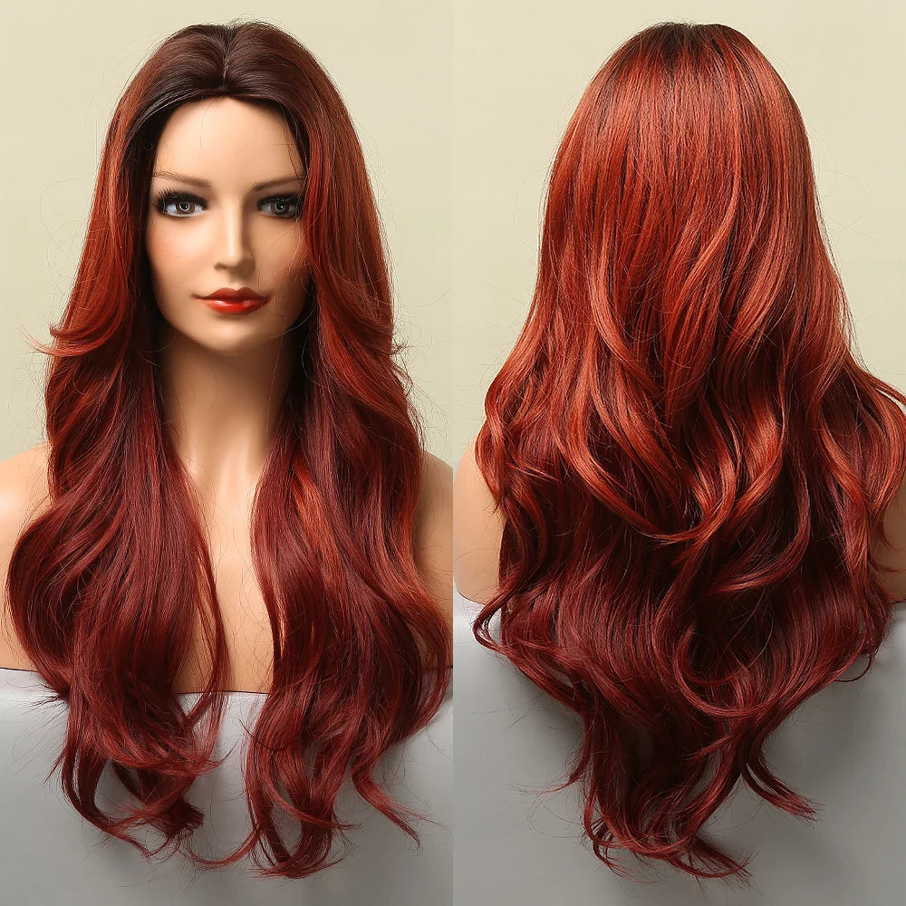 GEMMA Red Brown Copper Ginger Long Straight Synthetic Wigs for Women Natural Wave Wigs with Bangs Heat Resistant Cosplay Hair - KIMLUD